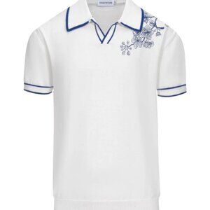 Oxknit Men's white vintage V-neck embroidered knit polo shirt